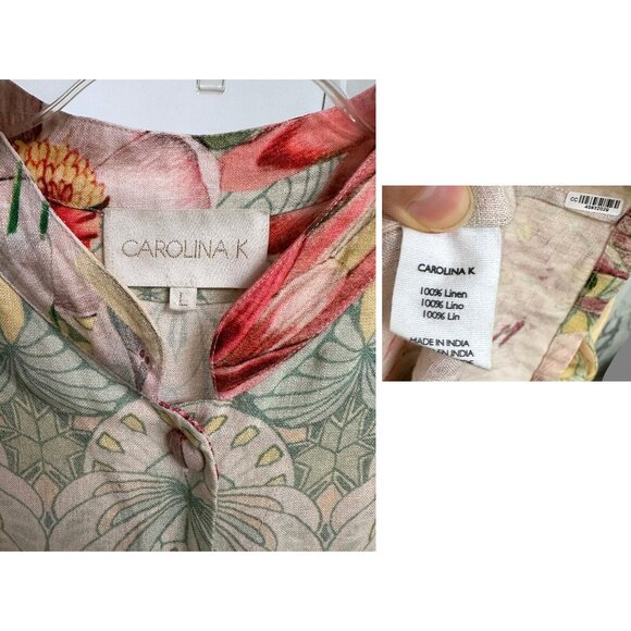 Carolina K Flamingo Bird Print Midi Shirt Dress Floral Tropical Red Linen L - Picture 3 of 13